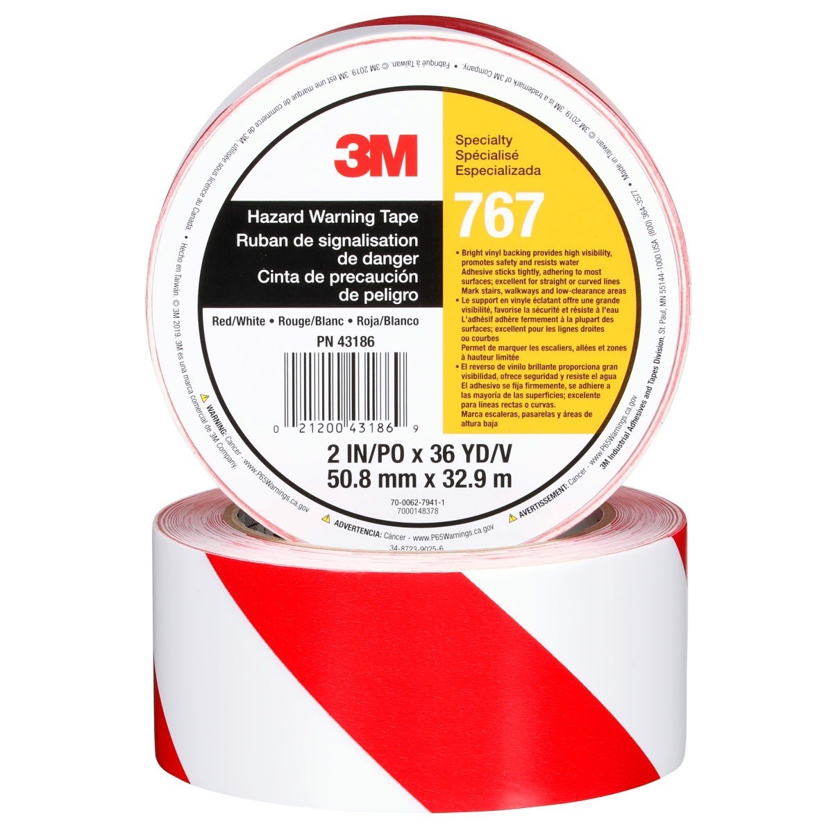 3M 767 Safety Stripe Vinyl Tape, Red/White, 2 in x 36 yd, 5 mil, Individually Wrapped Conveniently Packaged (7000148378) (24 Pack)