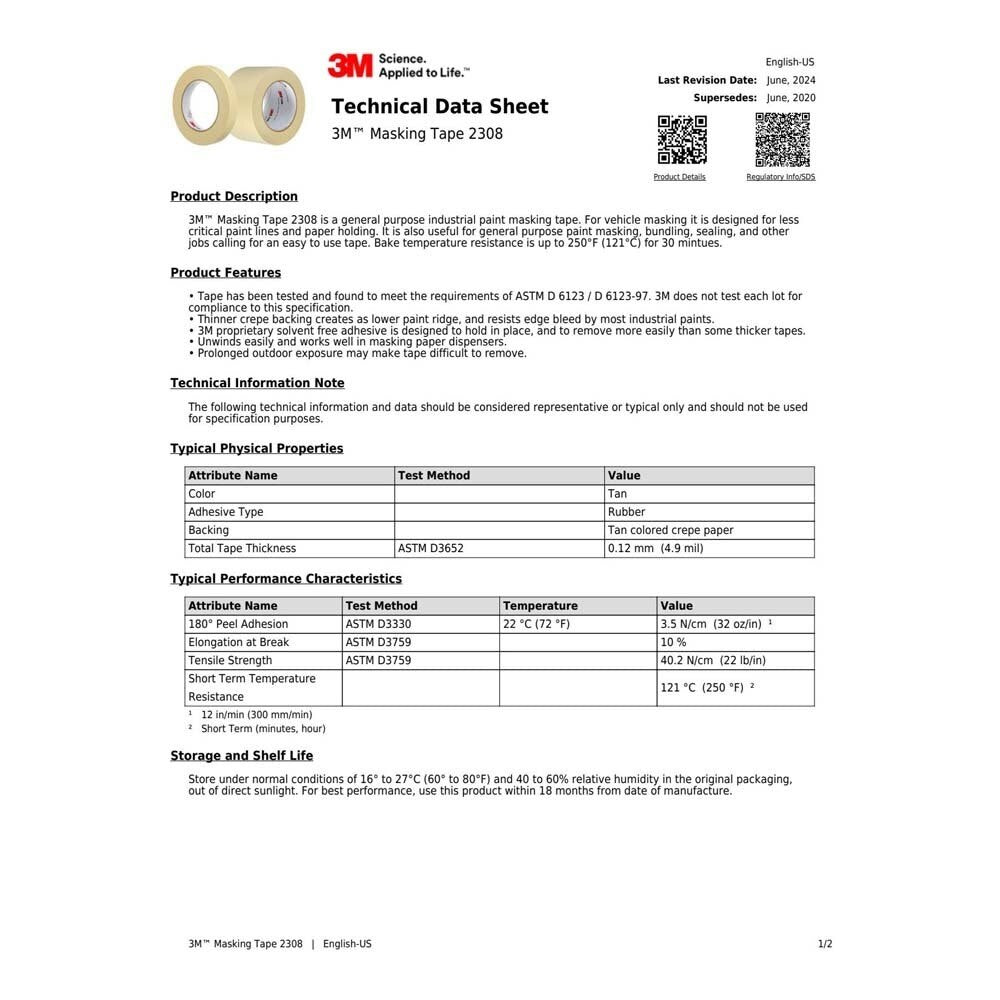 3M 7000148381 Masking Tape 2308, Tan, 48 mm x 55 m, 5.3 mil (24 Pack) - 7