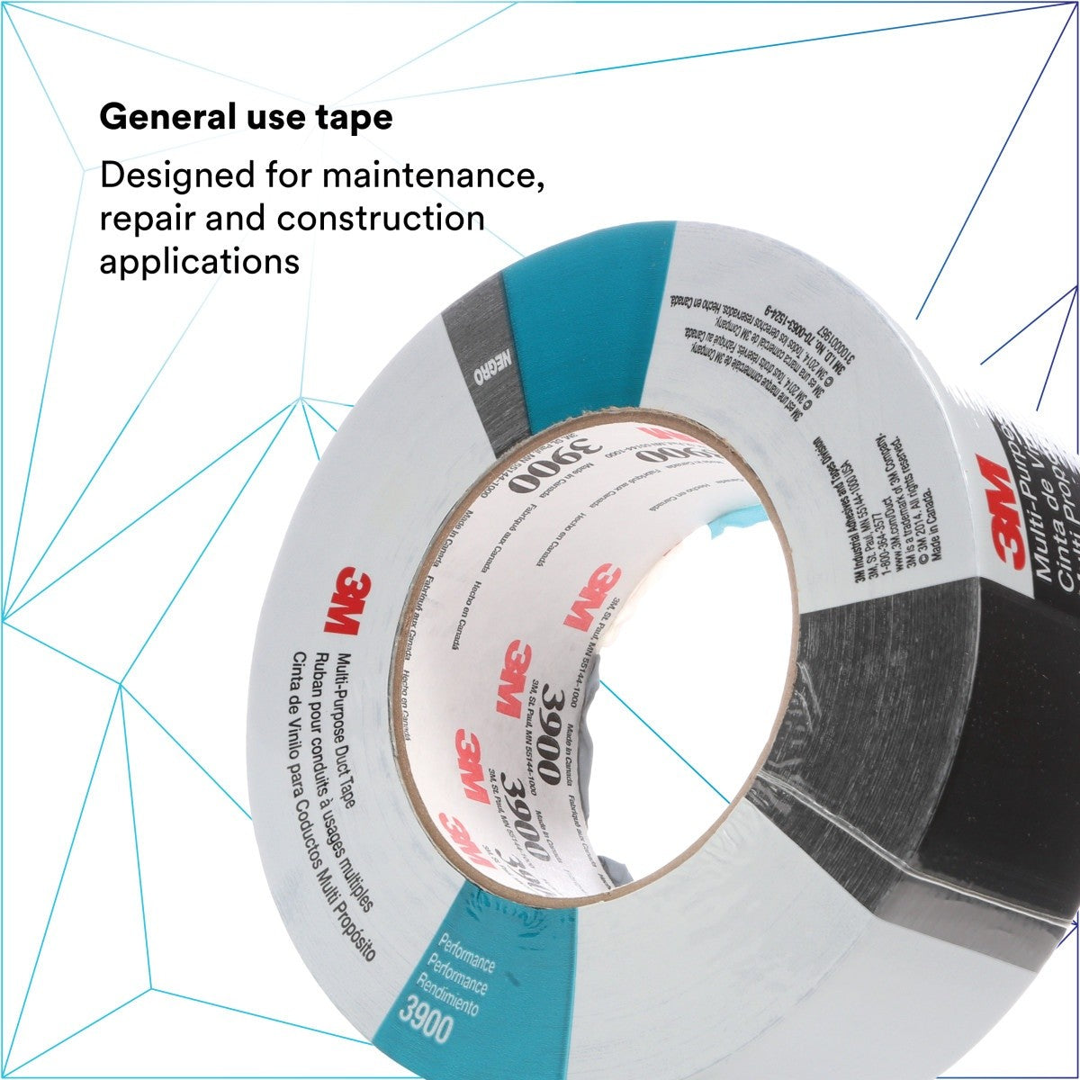 3M 3900 Multi-Purpose Duct Tape, Black, 48 mm x 54.8 m, 7.6 mil, Rubber Adhesive, Water Resistant (7000148383) (24 Pack) - 3