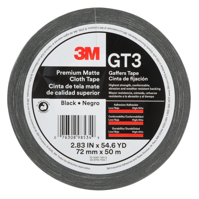 3M GT3 Premium Matte Cloth (Gaffers) Tape, Black, 72 mm x 50 m, 11 mil (7010291525) (576Pack)