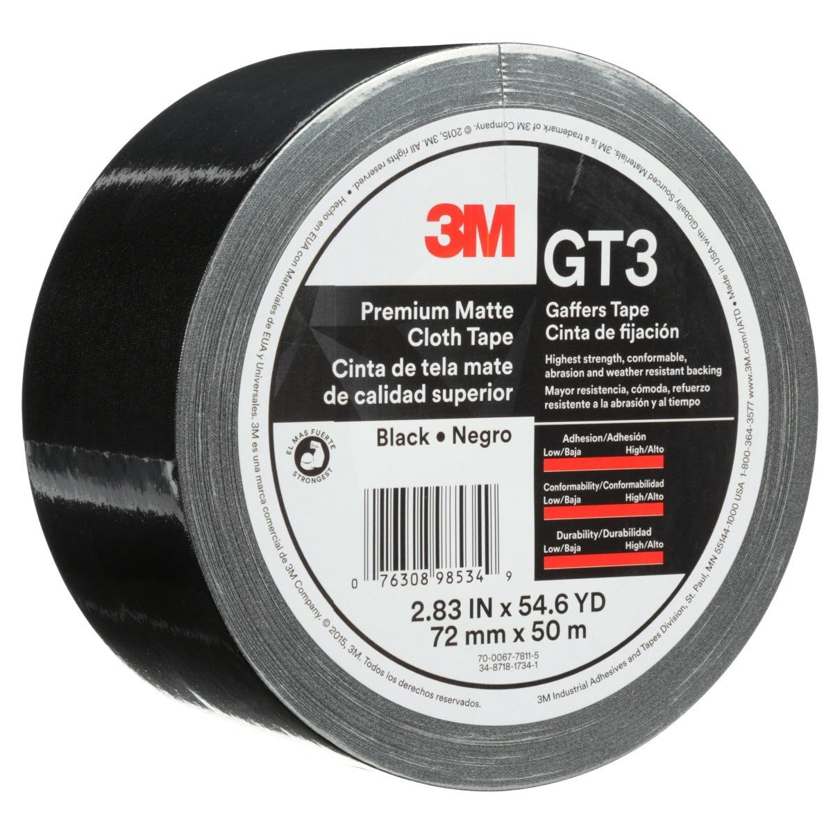 3M GT3 Premium Matte Cloth (Gaffers) Tape, Black, 72 mm x 50 m, 11 mil (7010291525) (576Pack) - 2
