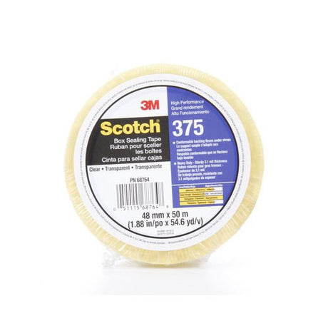 3M 68764-8 Scotch High Performance Box Sealing Tape 375 Clear, 48mm x 50m