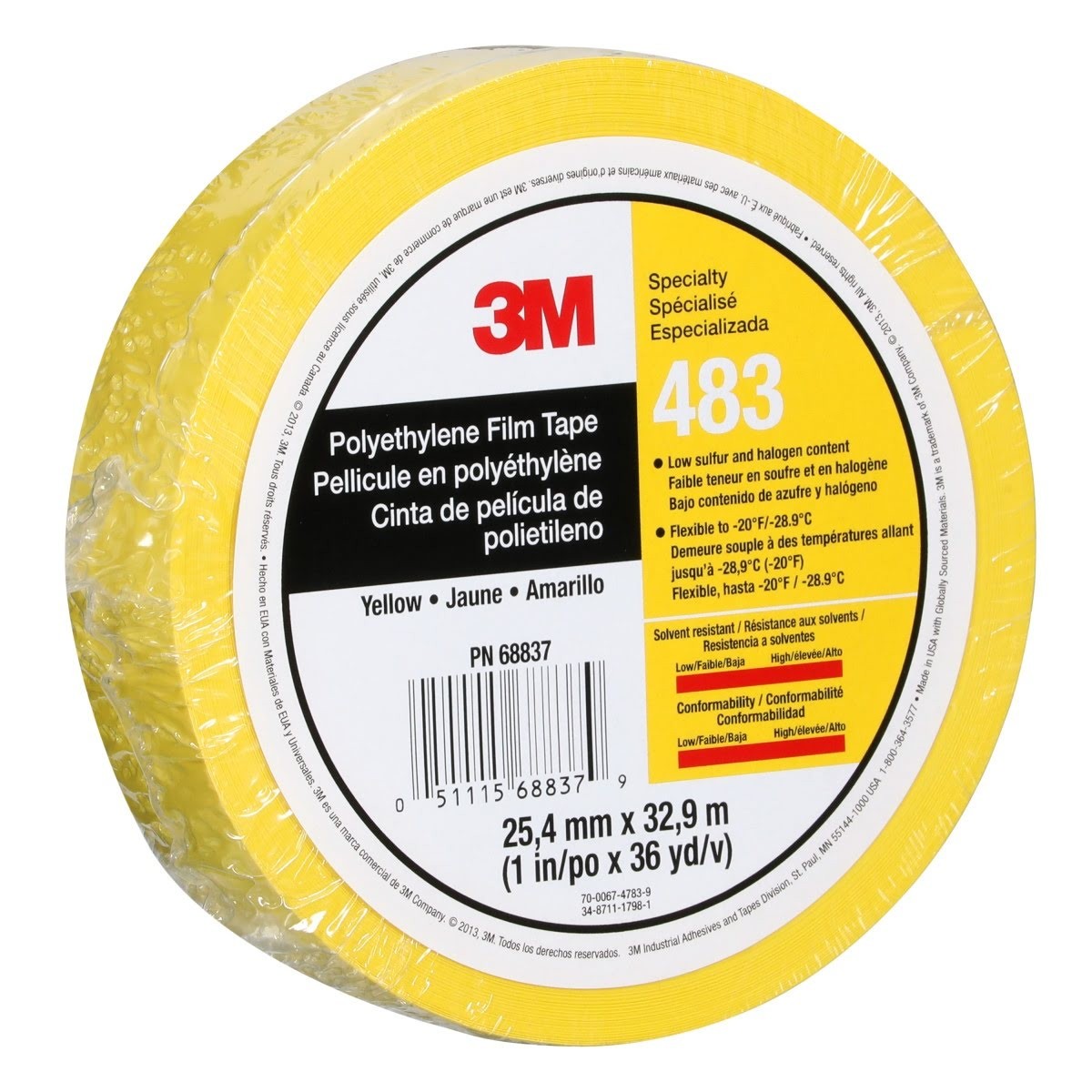 3M 483 Polyethylene Tape Yellow 1 in x 36 yd 5.0 mil (7010302434) (36 Pack) - 3