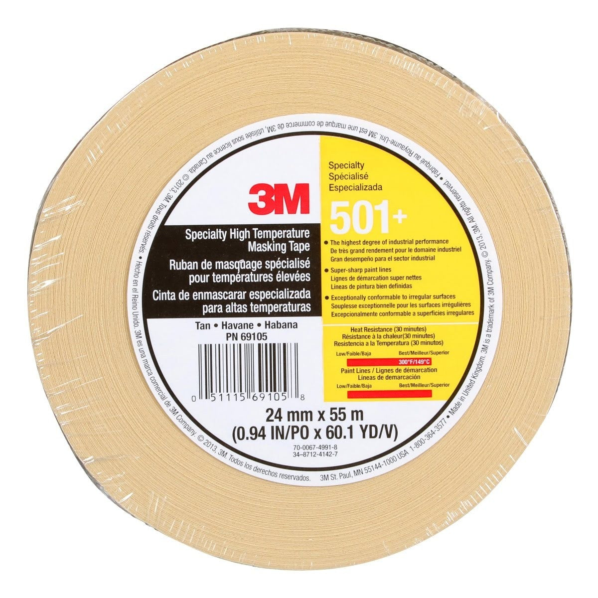3M 501+ 501+ IW Scotch Specialty High Temperature Masking Tape, Tan, 24 mm x 55 m (7010302439) (36 Pack) - 7
