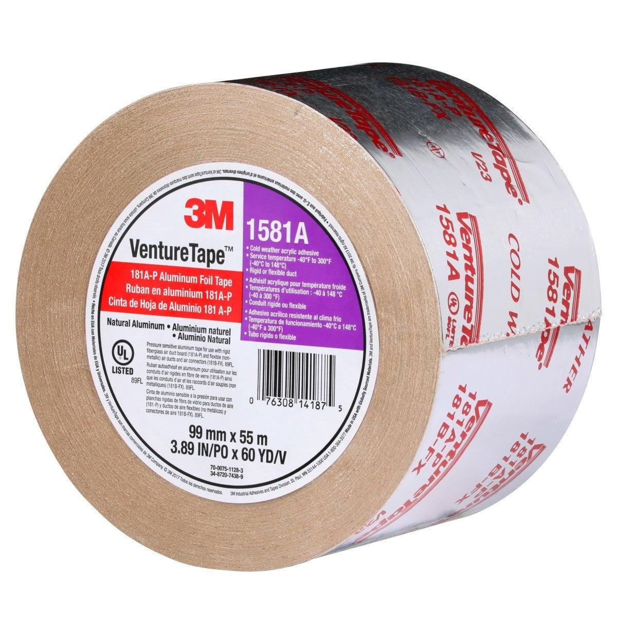 3M 1581A UL181A-P Aluminum Foil Tape, Natural Aluminum, Rigid/Flexible Duct Seaming, Cold Weather Adhesion, 3-7/8 in x 60 yd, 2 mil (7010302857) (12 Pack) - 6