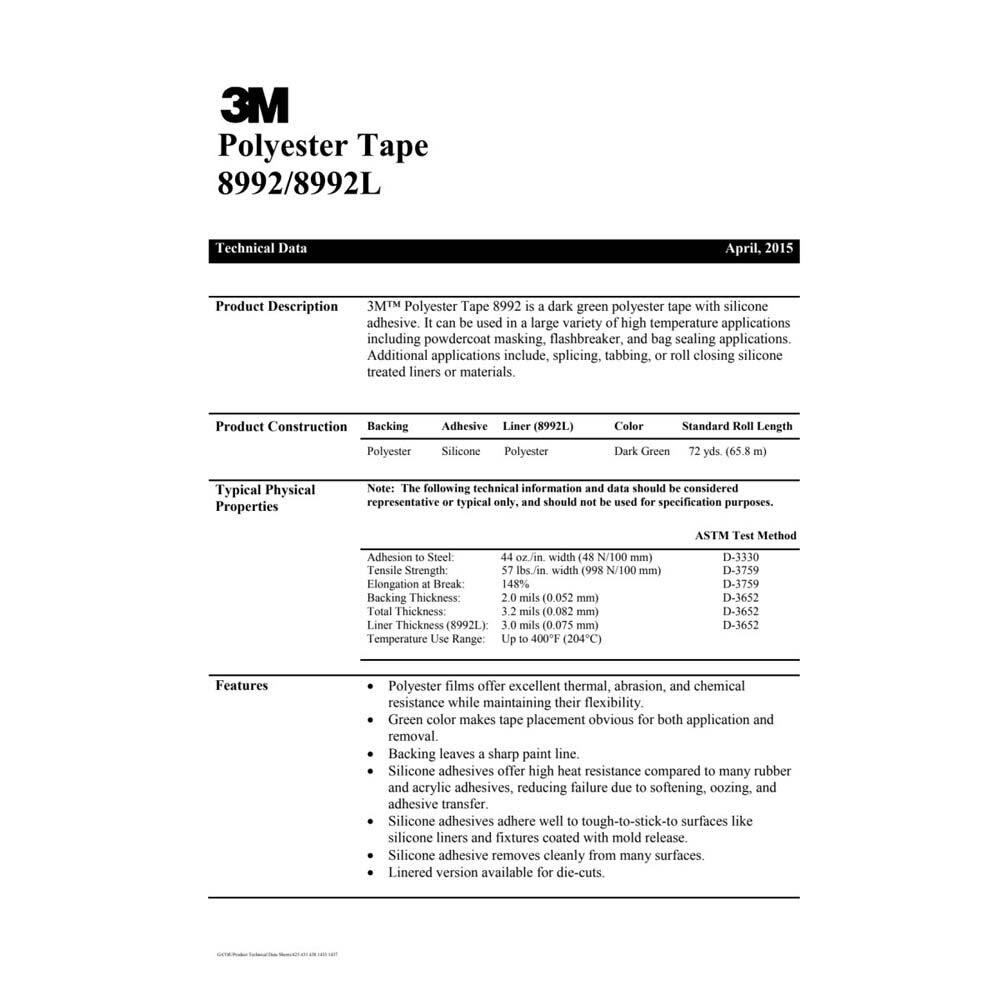 3M 7010313272 Polyester Tape 8992L, 24' x 72 yd. 3.2 mil, Green - 4
