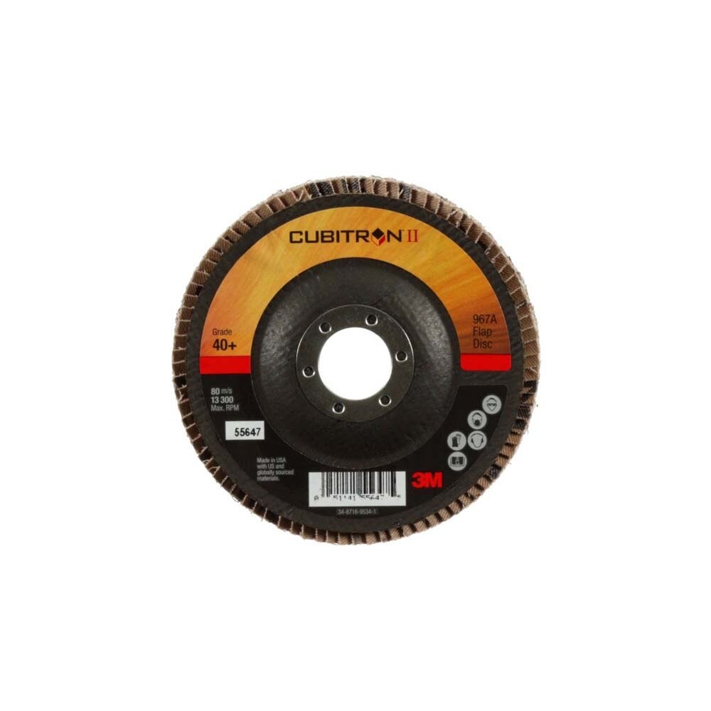 3M 7010327065 Cubitron II Flap Disc 967A, 40+ Grit, Type 29, 4-1/2 in x 7/8 in for Medium-Pressure Grinding and Surface Prep (10 Pack) - 2