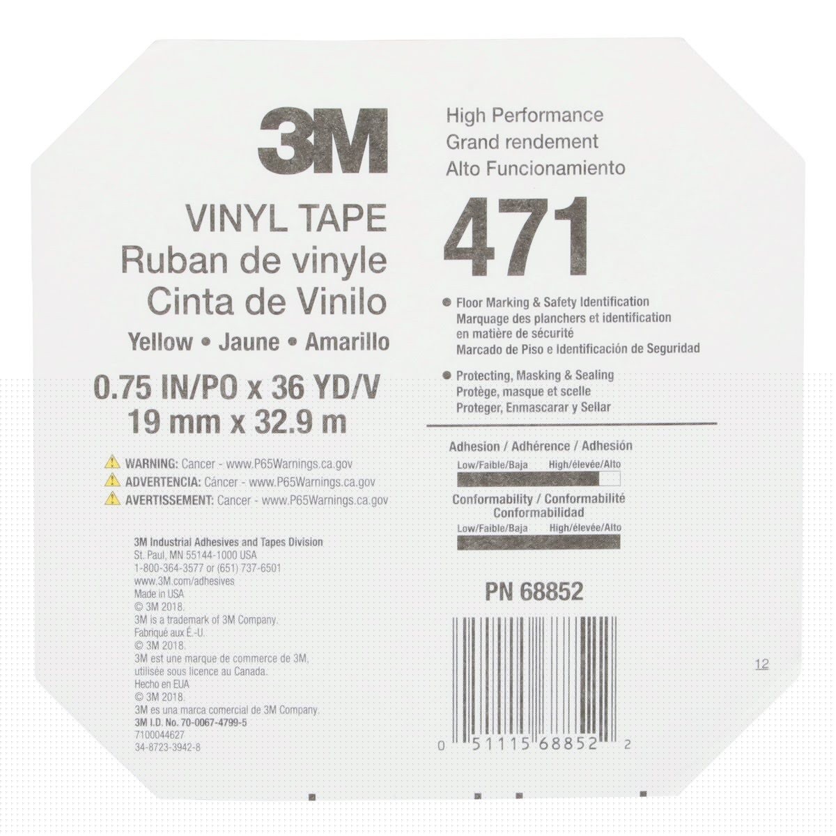 3M 471 Vinyl Tape, Yellow, 3/4 in x 36 yd, 5.2 mil (7010334520) (48 Pack) - 9