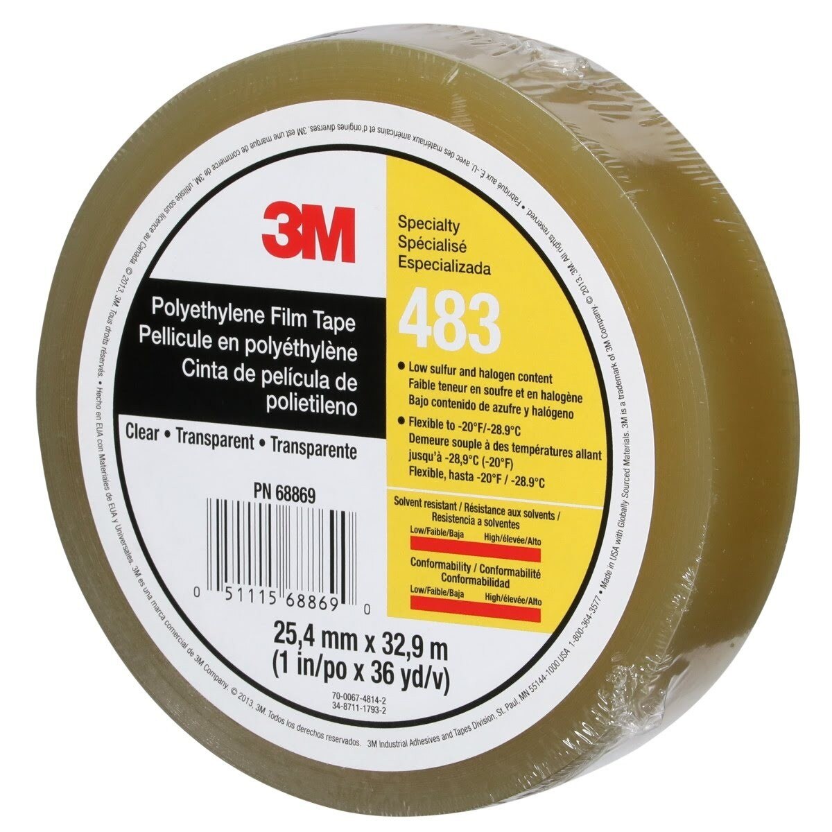 3M 483 Polyethylene Tape, Transparent, 1 in x 36 yd, 5.0 mil (483 IW) (7010335143) (36 Pack) - 3