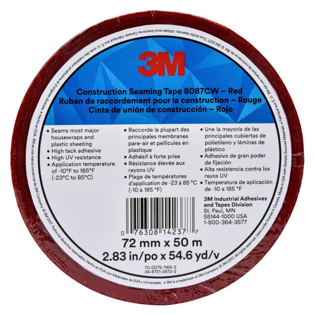 3M 8087CW Construction Seaming Tape, Red, 72 mm x 50 m (2-7/8 in x 54.6 yd), Cold Weather Sheathing, Acrylic Adhesive (7010337895) (16 Pack)