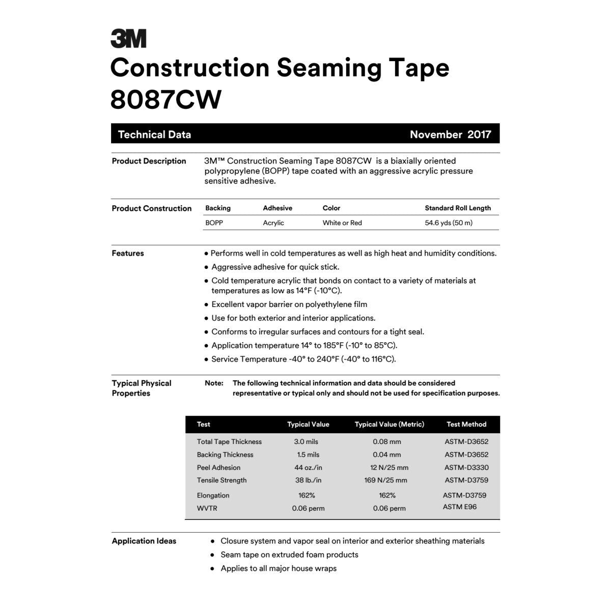 3M 8087CW Construction Seaming Tape, Red, 72 mm x 50 m (2-7/8 in x 54.6 yd), Cold Weather Sheathing, Acrylic Adhesive (7010337895) (16 Pack) - 2