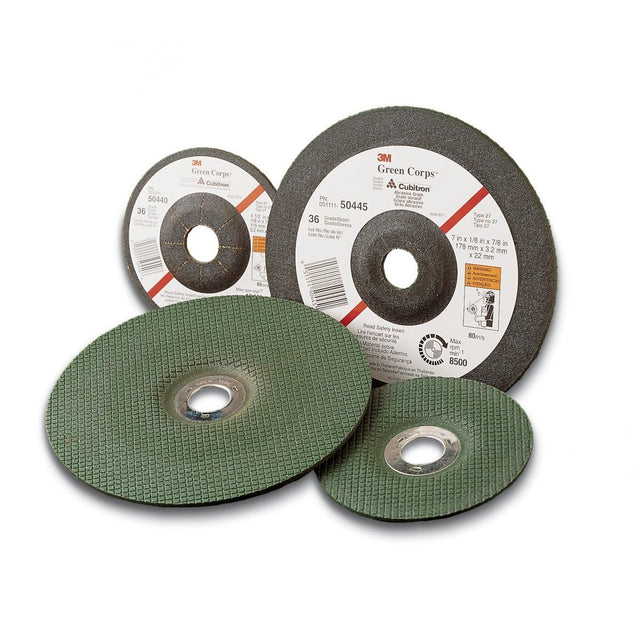 3M 55961 Green Corps Depressed Center Grinding Wheel T27, Ceramic, 36 Grit, Green, 4-1/2 in x 1/4 in, 5/8-11 Internal Thread, 13300 RPM (7010359976) (10 Pack)