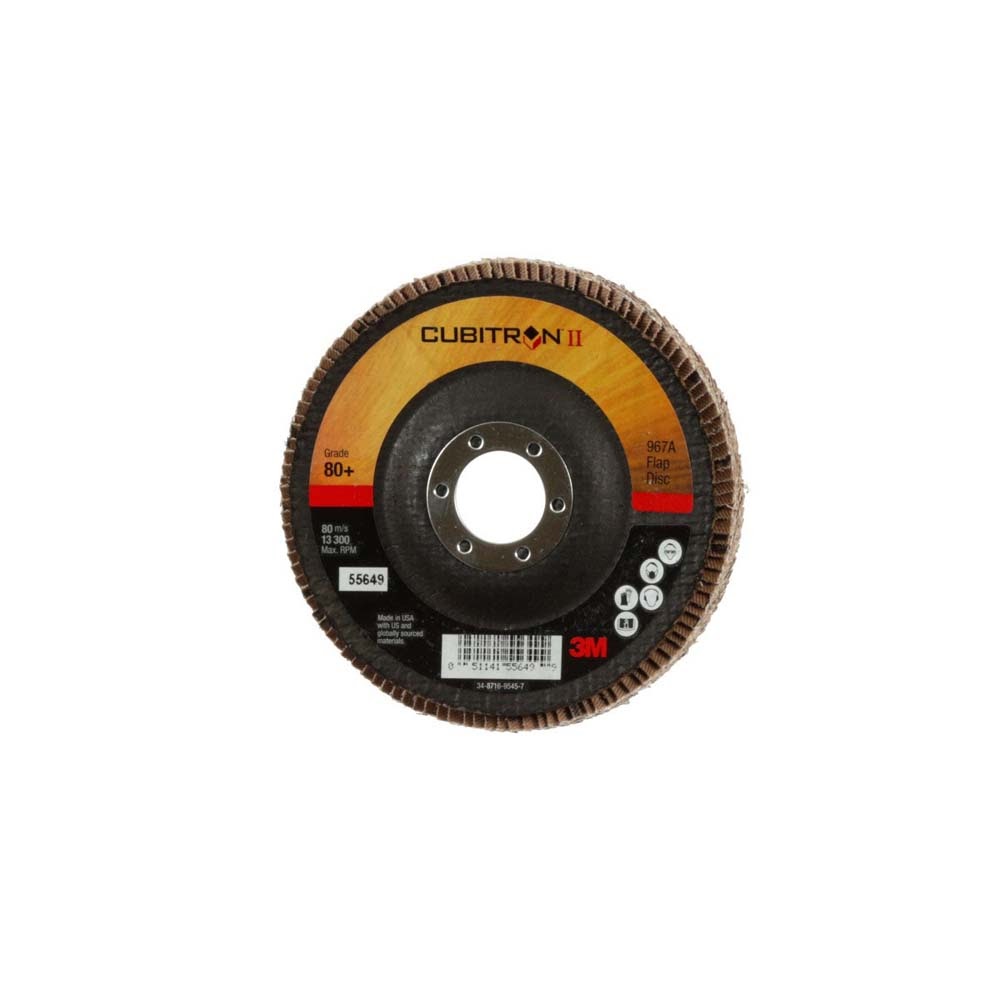 3M 967A Cubitron II T29 4-1/2 in x 7/8 in Flap Disc, 80+ Grit for Medium Pressure Deburring and Surface Prep (7010363308) (10 Pack)