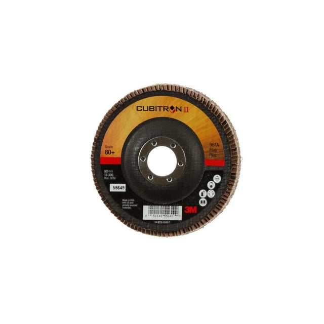 3M 967A Cubitron II T29 4-1/2 in x 7/8 in Flap Disc, 80+ Grit for Medium Pressure Deburring and Surface Prep (7010363308) (10 Pack)
