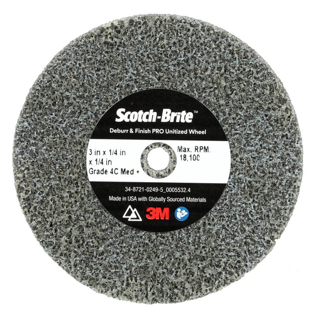 3M DP-UW Scotch-Brite Deburr & Finish PRO Unitized Wheel, 4C Medium+, 3 in x 1/4 in x 1/4 in (7010365693) (40 Pack)