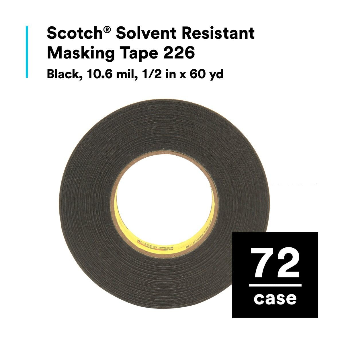 3M 226 Scotch Solvent Resistant Masking Tape, Black, 10.6 mil, 1/2 in x 60 yd (7010373496) (72 Pack) - 2