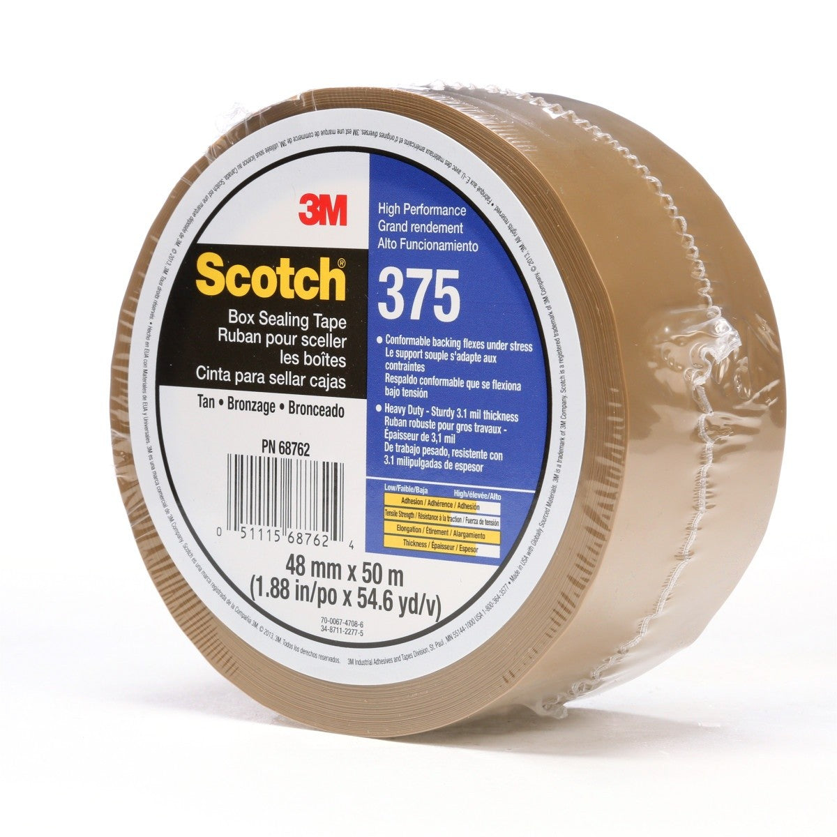 3M 375 Scotch Box Sealing Tape, High Performance, Tan, 48 mm x 50 m (7010374960) (36 Pack) - 3