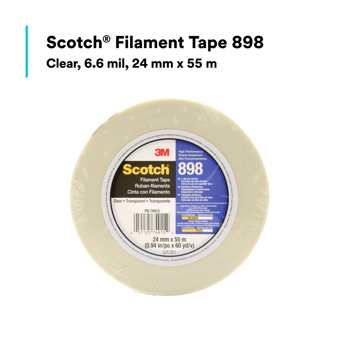 3M Scotch Filament Tape, Clear, 24 mm x 55 m, 6.6 mil (898) (7010375602) (36 Pack) - 5