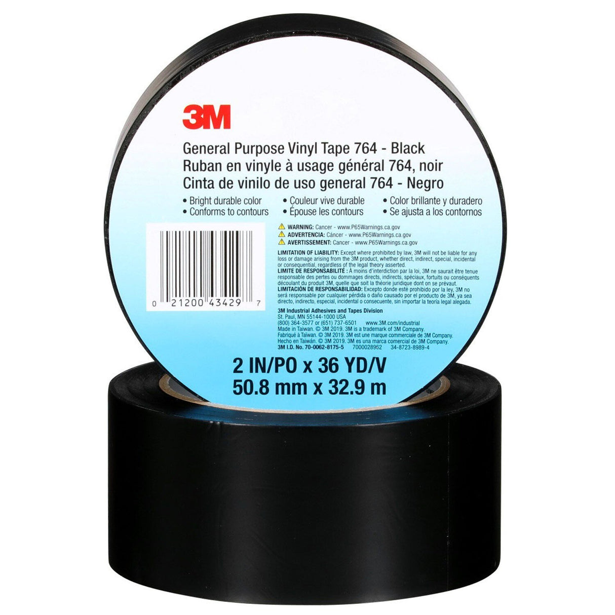 3M 764 Black General Purpose Vinyl Tape, 3 in x 36 yd, 5 mil (7010376163) (540Pack) - 6