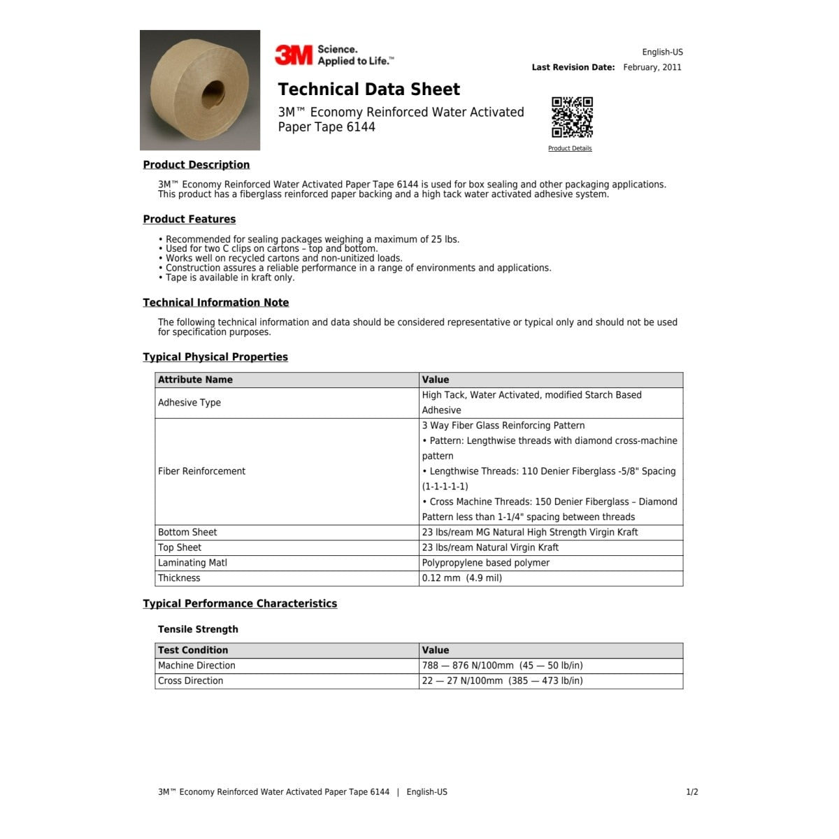 3M 6144 Water Activated Paper Tape, Natural, Custom Printed, Warning Message Design, 70 mm x 450 ft (7010379155) (450 Pack)