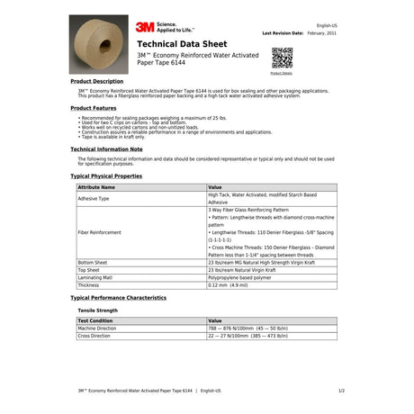 3M 6144 Water Activated Paper Tape, Natural, Custom Printed, Warning Message Design, 70 mm x 450 ft (7010379155) (450 Pack)