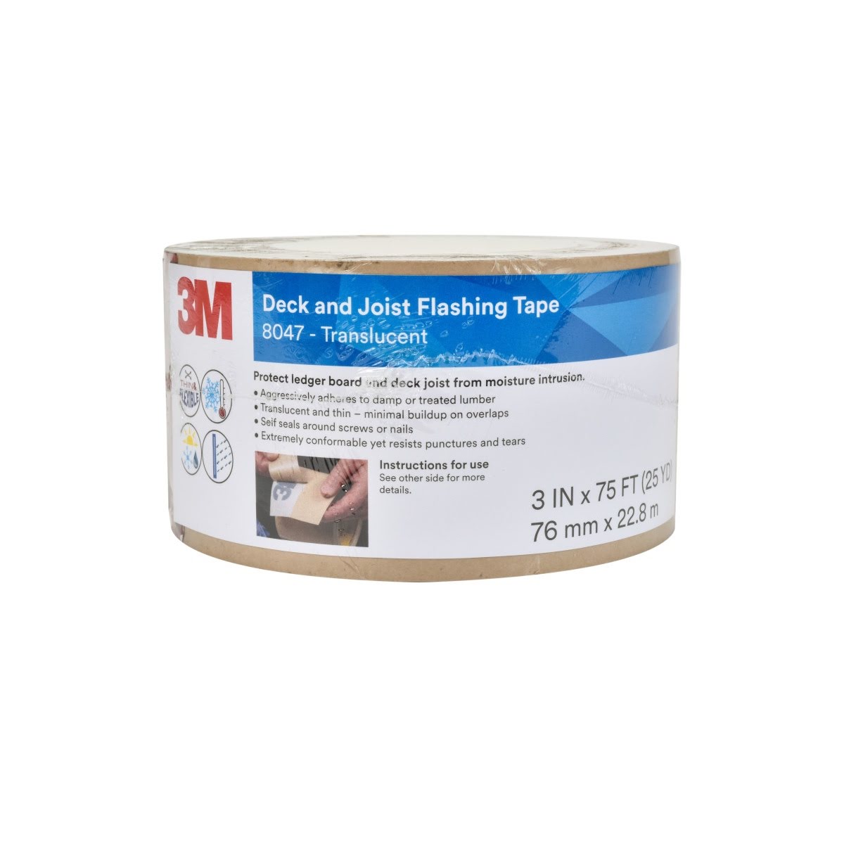 3M 8047 Deck and Joist Flashing Tape, Translucent, 3 in x 75 ft, Waterproof Adhesive Backed Weather Moisture Barrier (7010379532) (12 Pack)