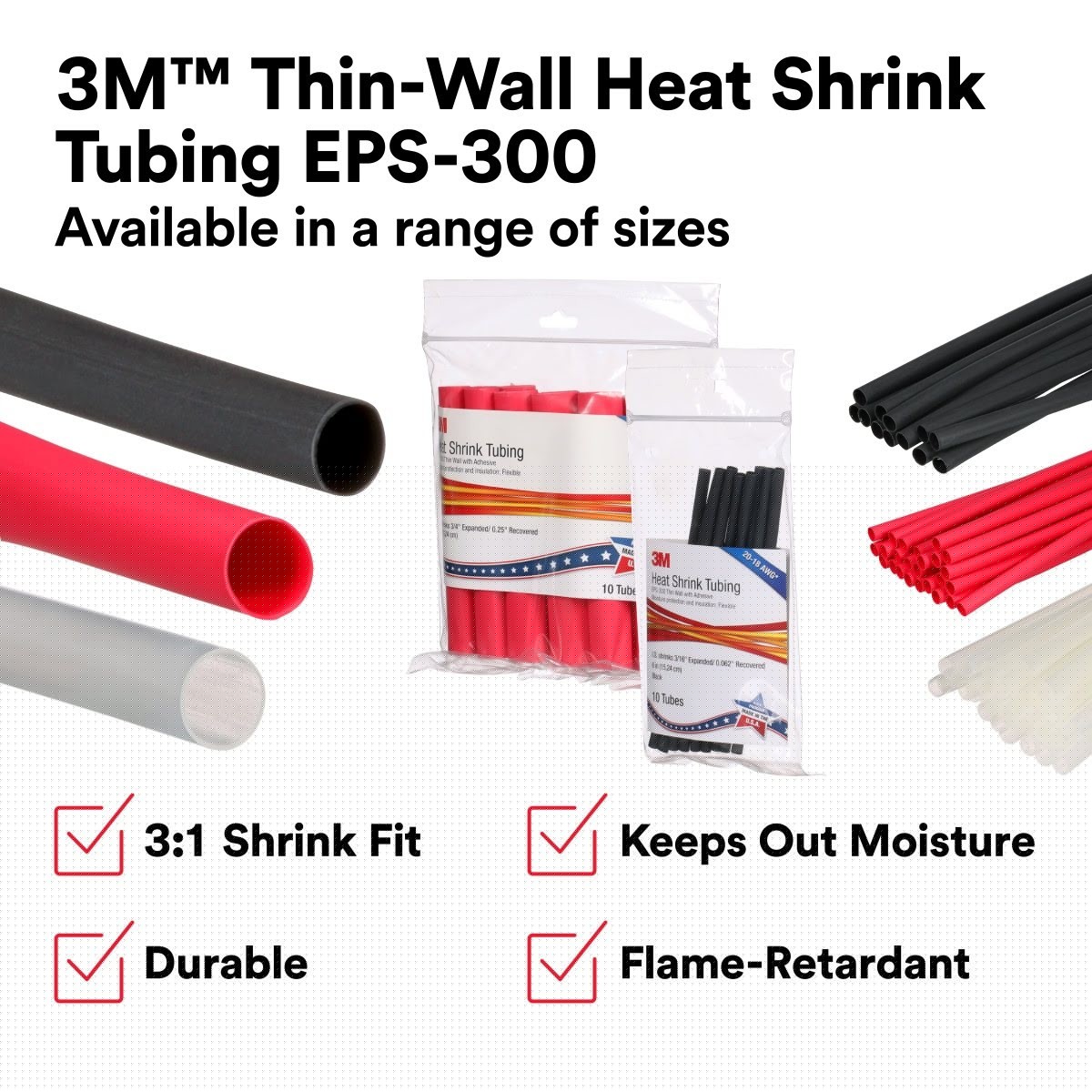 3M E30.500RD6in Thin-Wall Heat Shrink Tubing EPS-300, Adhesive-Lined, 1/2 in Red, 6 in Piece (7010396537) (400 Pack) - 2
