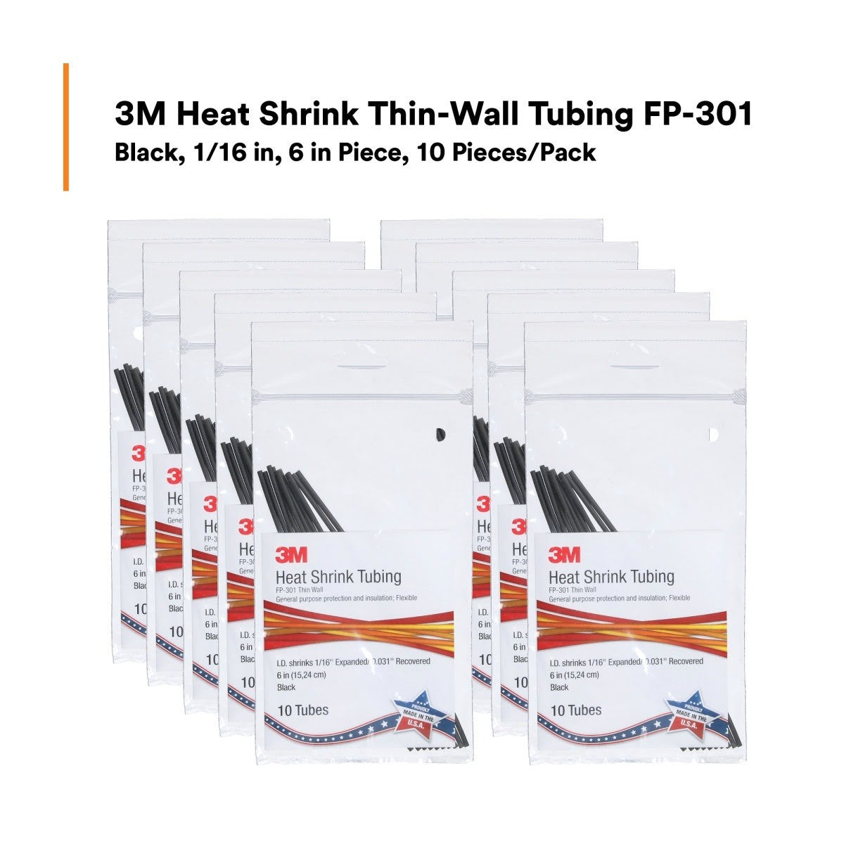 3M FP-301-1/16-6"-Black Heat Shrink Thin-Wall Tubing, 6 in Length (7010398999) (100 Pack) - 10