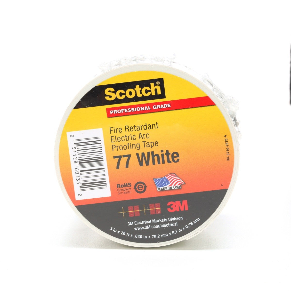 3M 77W-3X20FT Scotch Fire-Retardant Electric Arc Proofing Tape 77W, White Gray, 3 in x 20 ft (7010399034) (10 Pack) - 7
