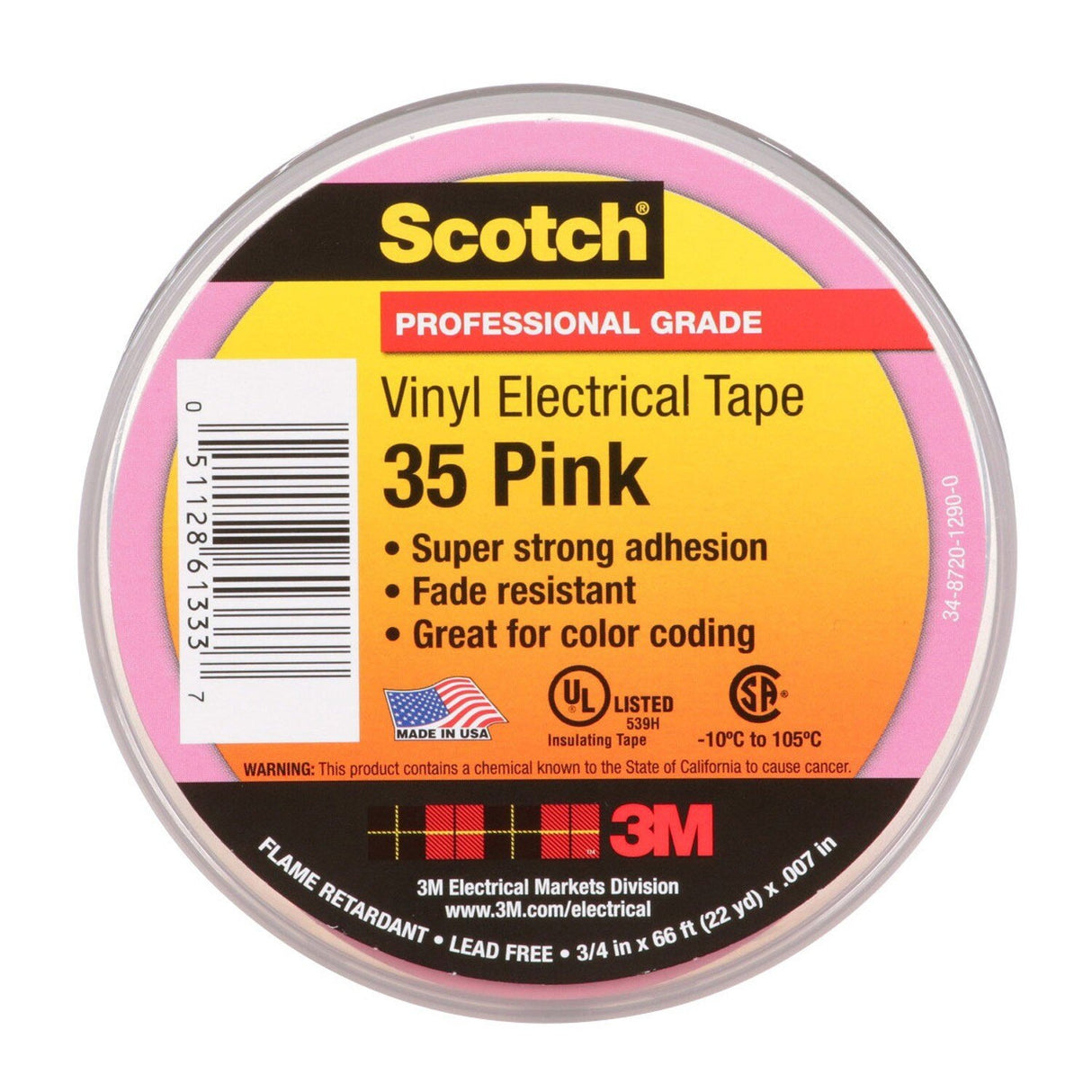 3M Scotch Vinyl Color Coding Electrical Tape 35, Pink, 7 mil, 3/4 in x 66 ft (35-3/4X66FT-PK) (7010411602) (10 Pack) - 2