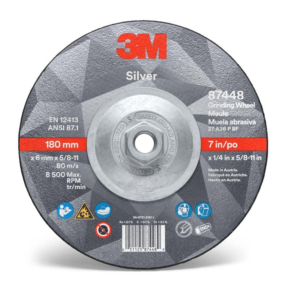 3M 7010412150 Silver Depressed Center Grinding Wheel, 87448, 36+, T27 Quick Change, 7 in x 1/4 in x 5/8 in-11 (10 Pack)