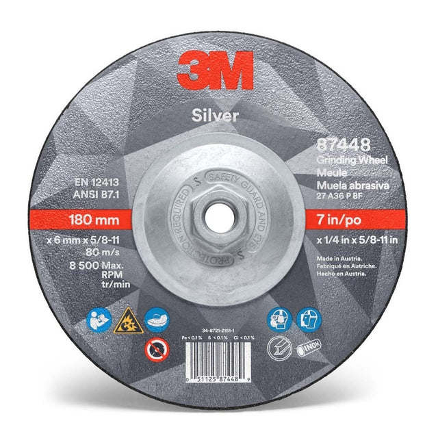 3M 7010412150 Silver Depressed Center Grinding Wheel, 87448, 36+, T27 Quick Change, 7 in x 1/4 in x 5/8 in-11 (10 Pack)