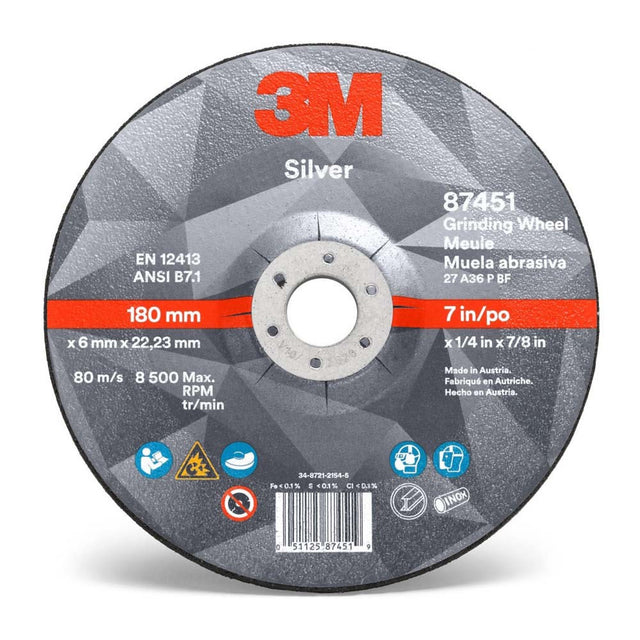3M 87451 Silver Depressed Center Grinding Wheel, 36+, T27, 7 in x 1/4 in x 7/8 in (7010412151) (10 Pack)
