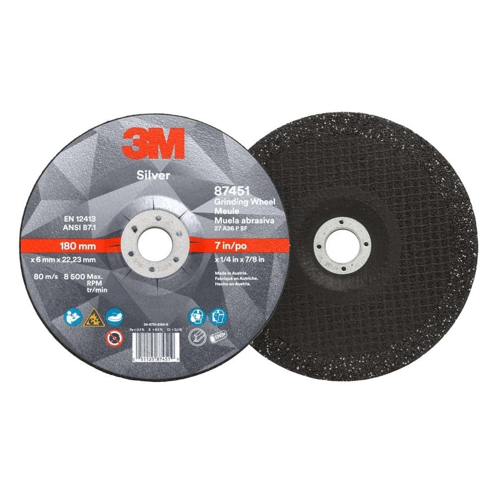 3M 7010412151 Silver Depressed Center Grinding Wheel, 87451, 36+, T27, 7 in x 1/4 in x 7/8 in (10 Pack) - 2