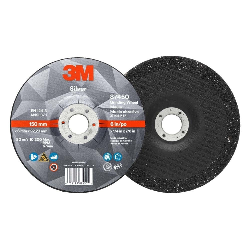 3M 7010414997 Silver Depressed Center Grinding Wheel 87450 36+ T27 6 in x 1/4 in x 7/8 in (10 Pack)