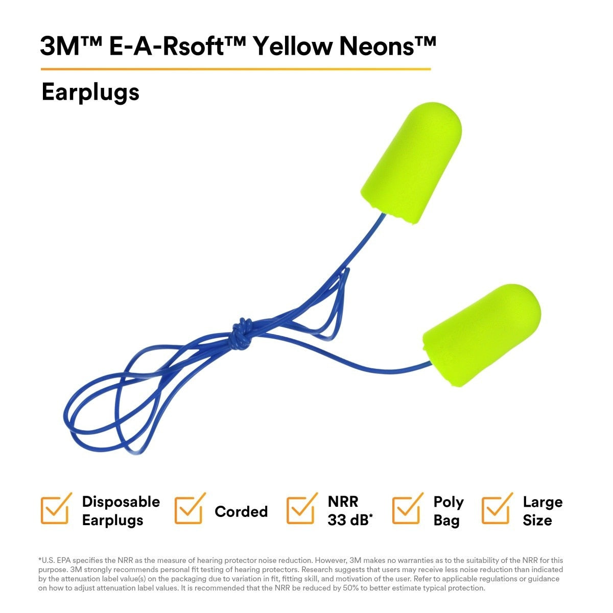3M 311-1251 E-A-R Corded Disposable Foam Earplugs, Large, NRR 33 dB, Individually Wrapped, Poly Bag (7100006342) (2000 Pack) - 5