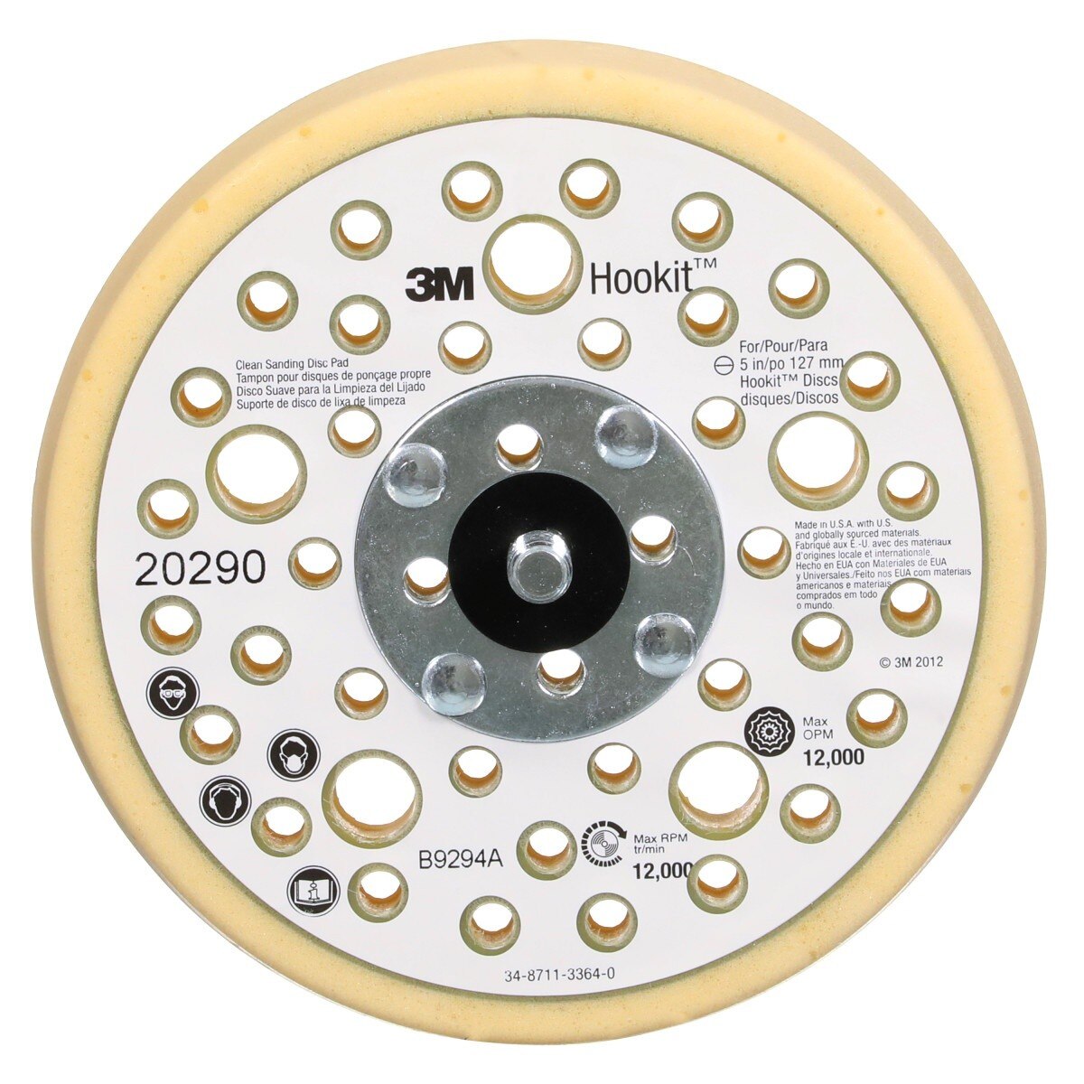 3M 20290 Xtract Hookit Low Profile Finishing Back-up Pad, 44 Holes, Yellow, 5 in, 5/16-24 EXT (7100009657) (10 Pack)