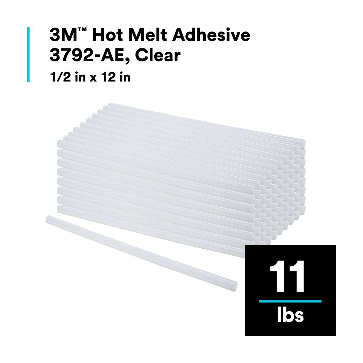 3M 3792 Q 3792 AE Hot Melt Adhesive, Clear, 1/2 in x 12 in, 11 lb Case (7100020335) (11 Pack)