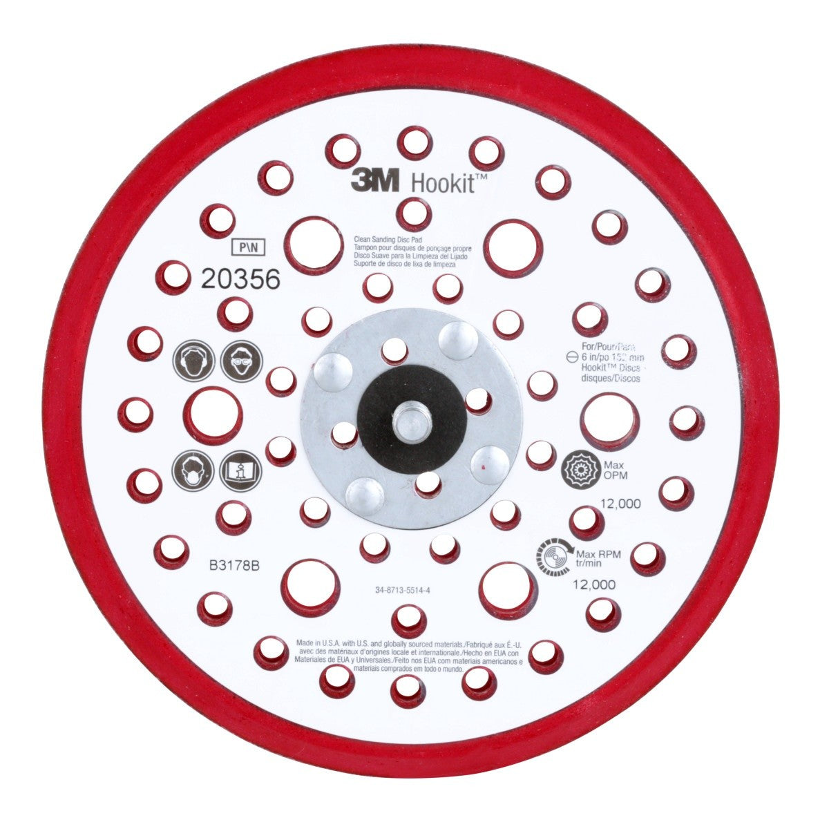 3M Xtract Hookit Low Profile Back-up Pad, 52 Holes, Red, 6 in, 5/16-24 External (20356) (7100027464) (10 Pack)