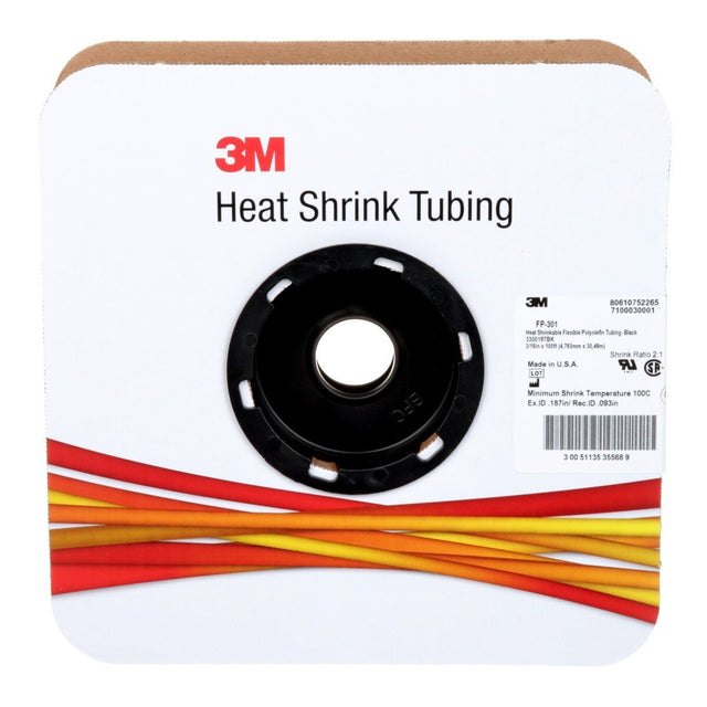 3M FP0.188BK100'S FP-301 Heat Shrink Thin Wall Tubing, 3/16 in x 100 ft Spool, Black (7100030001) (3 Pack)