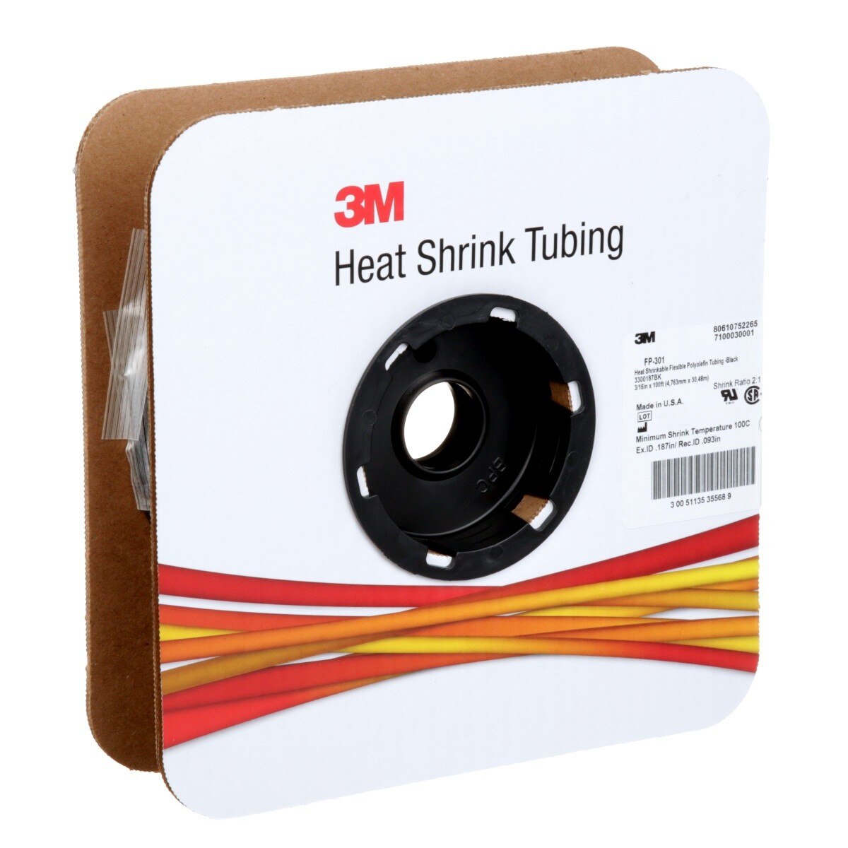 3M FP0.188BK100'S FP-301 Heat Shrink Thin Wall Tubing, 3/16 in x 100 ft Spool, Black (7100030001) (3 Pack) - 3