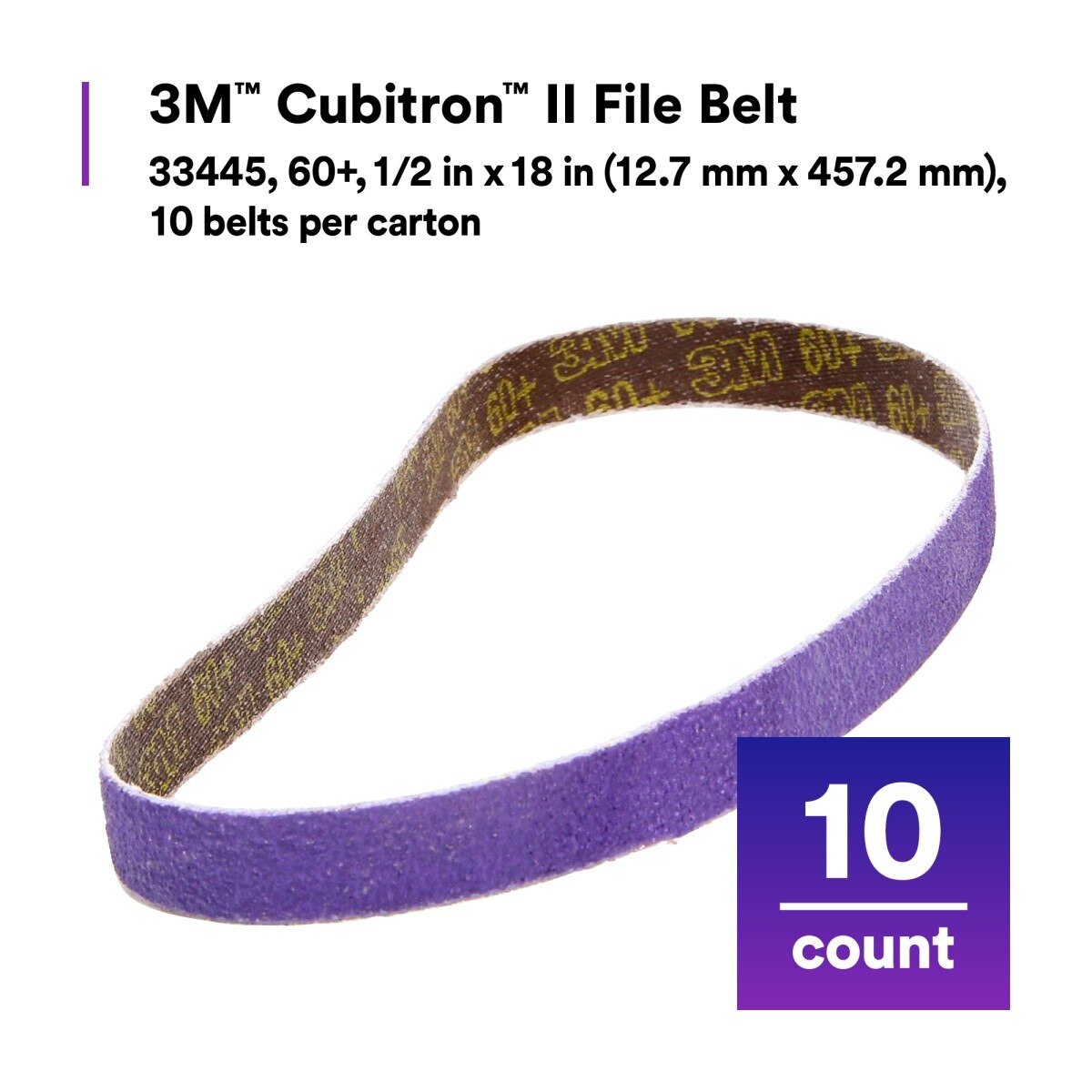 3M 786F 33445 Cubitron II File Belt, 60+ Grit, Purple, 1/2 in x 18 in, Spot Weld Removal (7100033185) (10 Pack) - 10