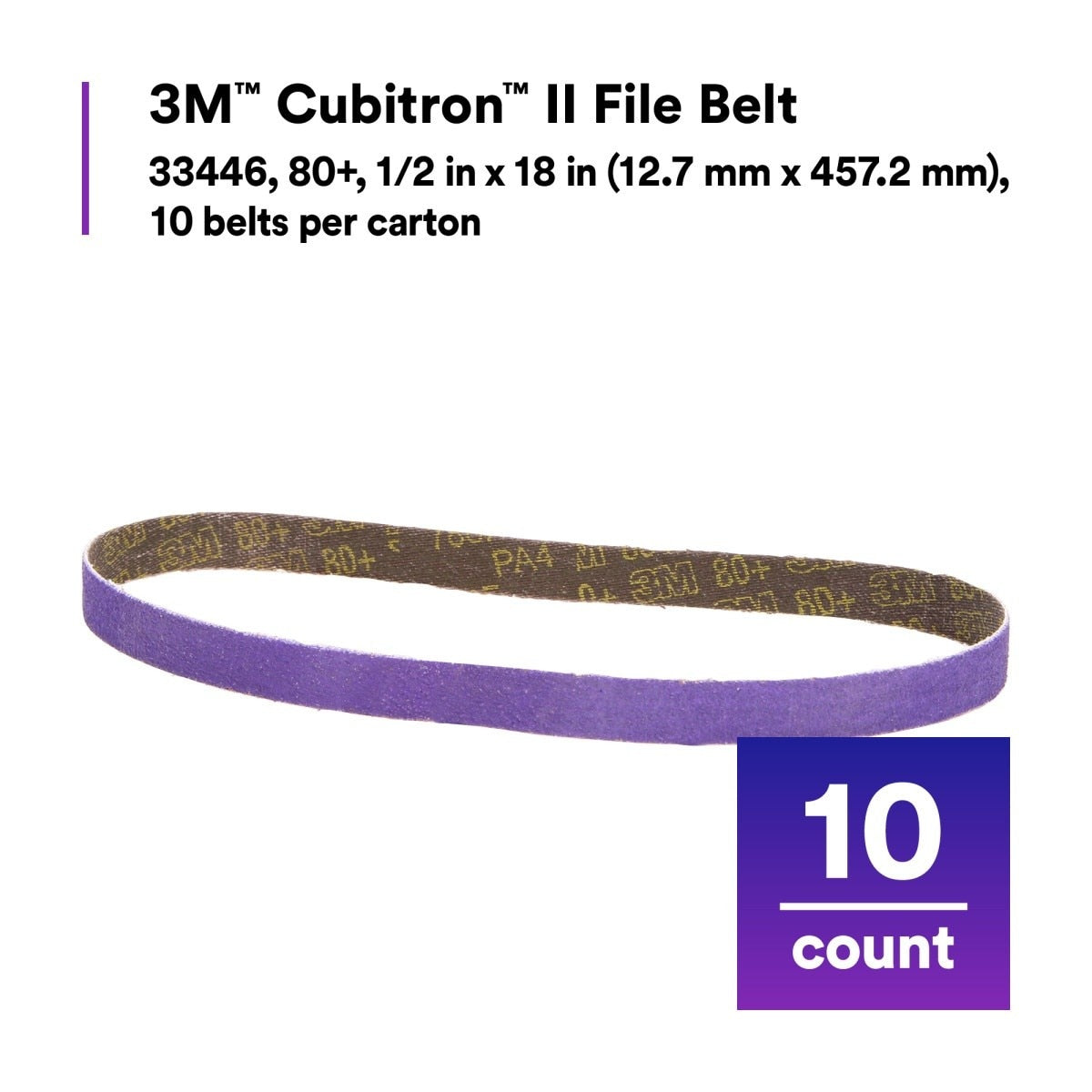 3M 33446 Cubitron II File Belt, 80+ Grit, Purple, 1/2 in x 18 in, Spot Weld Removal (7100033186) (10 Pack) - 2