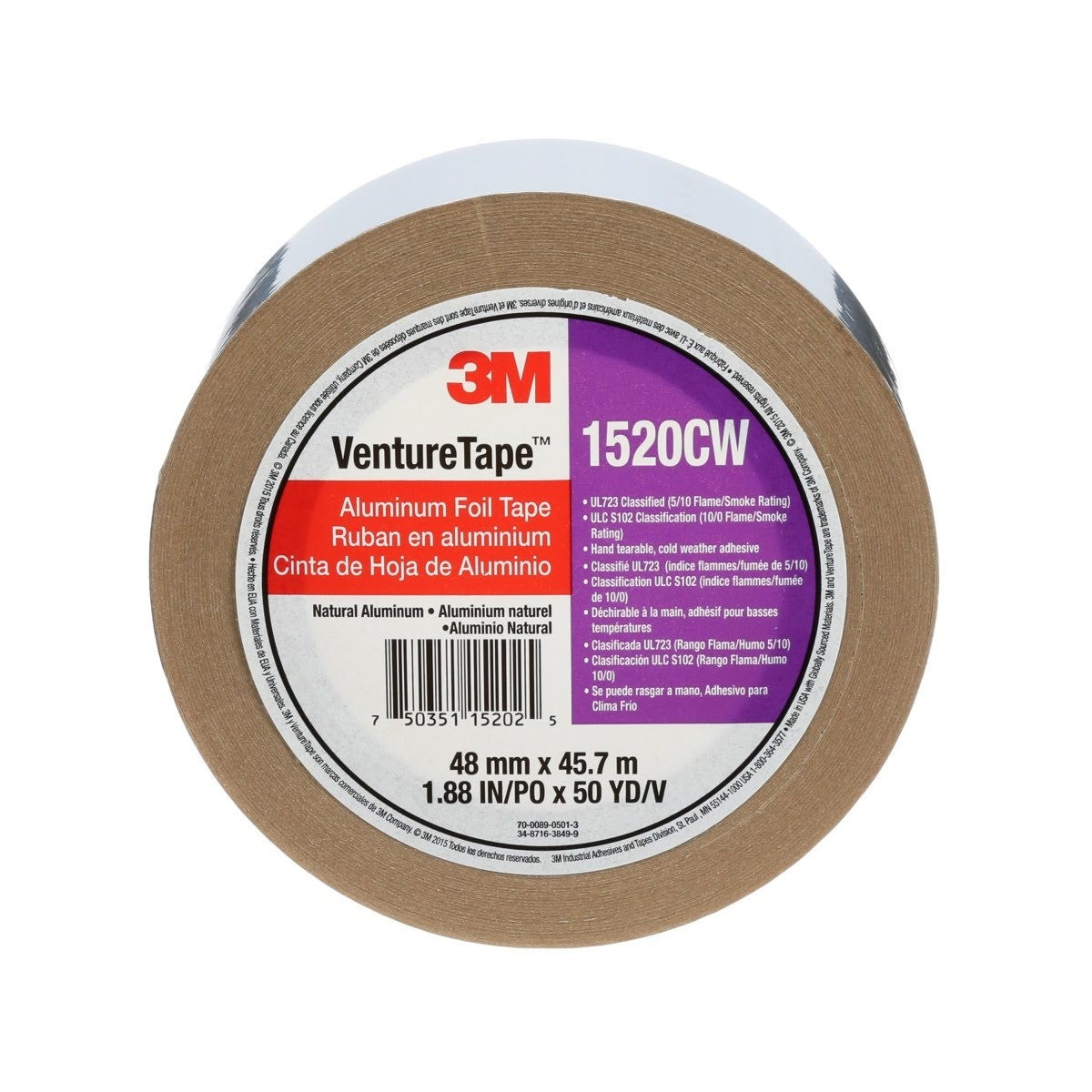 3M 1520CW Aluminum Foil Tape, Silver, 48 mm x 45.7 m, 3.2 mil (7100043715) (24 Pack)