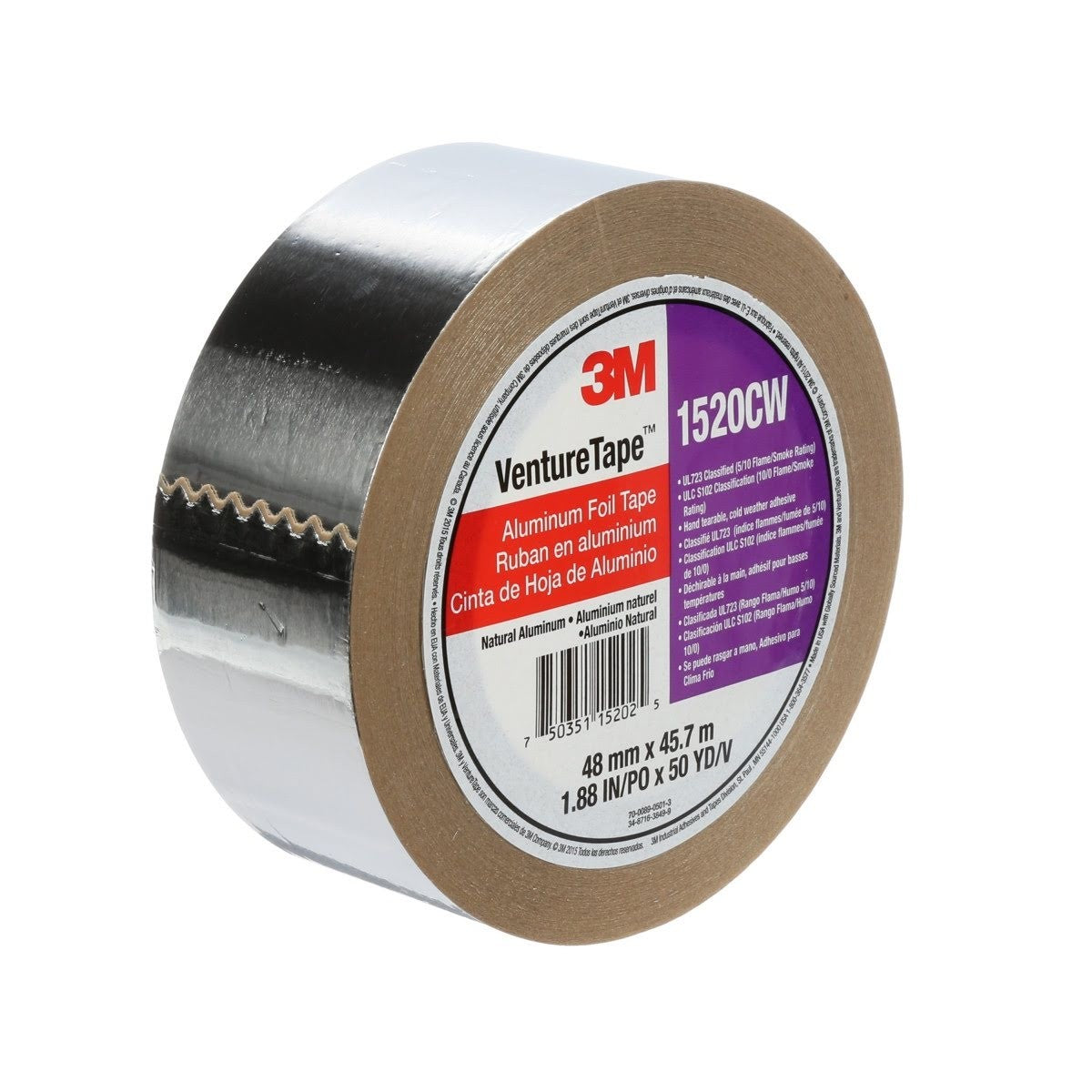 3M 1520CW Aluminum Foil Tape, Silver, 48 mm x 45.7 m, 3.2 mil (7100043715) (24 Pack) - 2