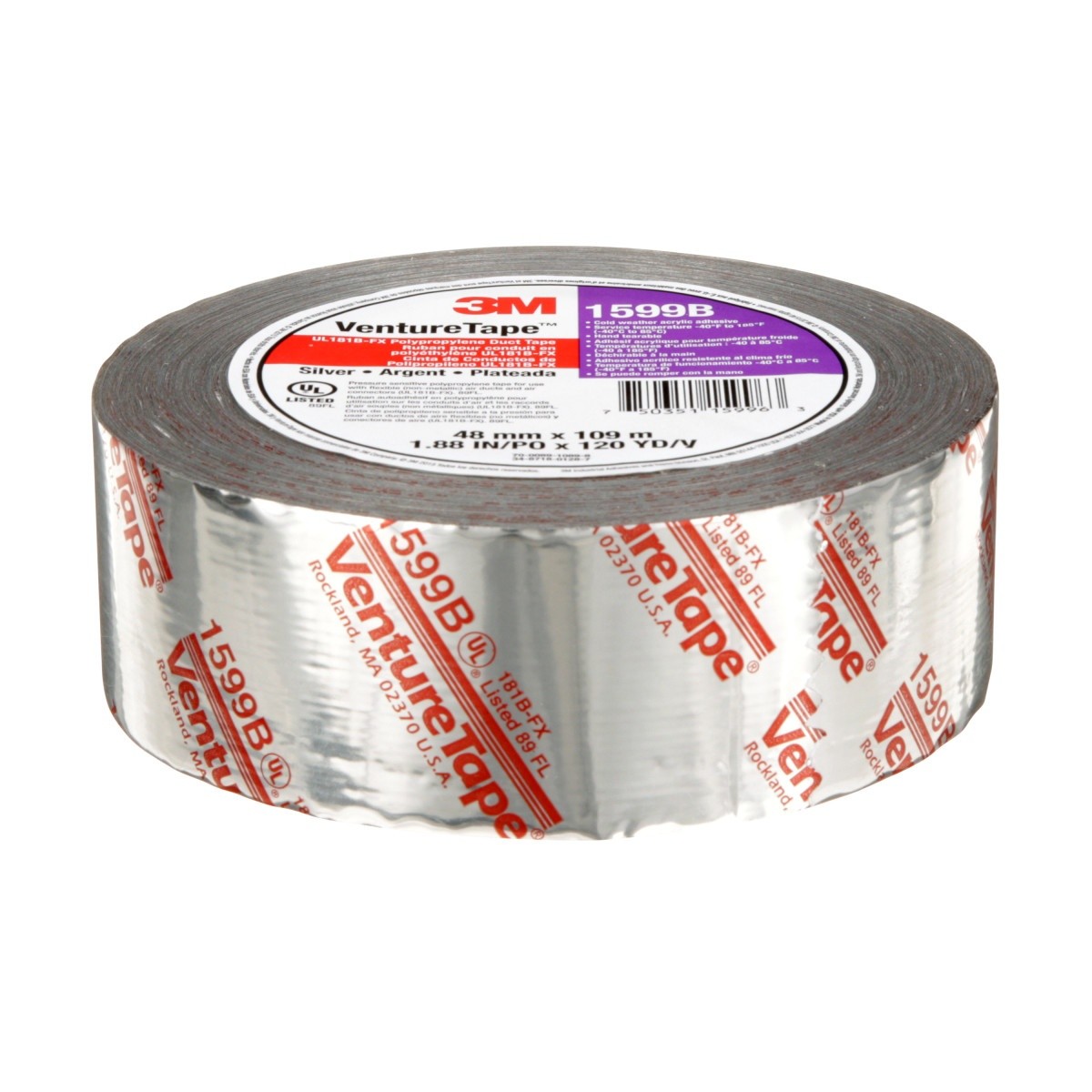 3M 1599B UL181B-FX Polypropylene Duct Tape, Silver, 48 mm x 109.7 m, 3 mil (7100043760) (576 Pack) - 2