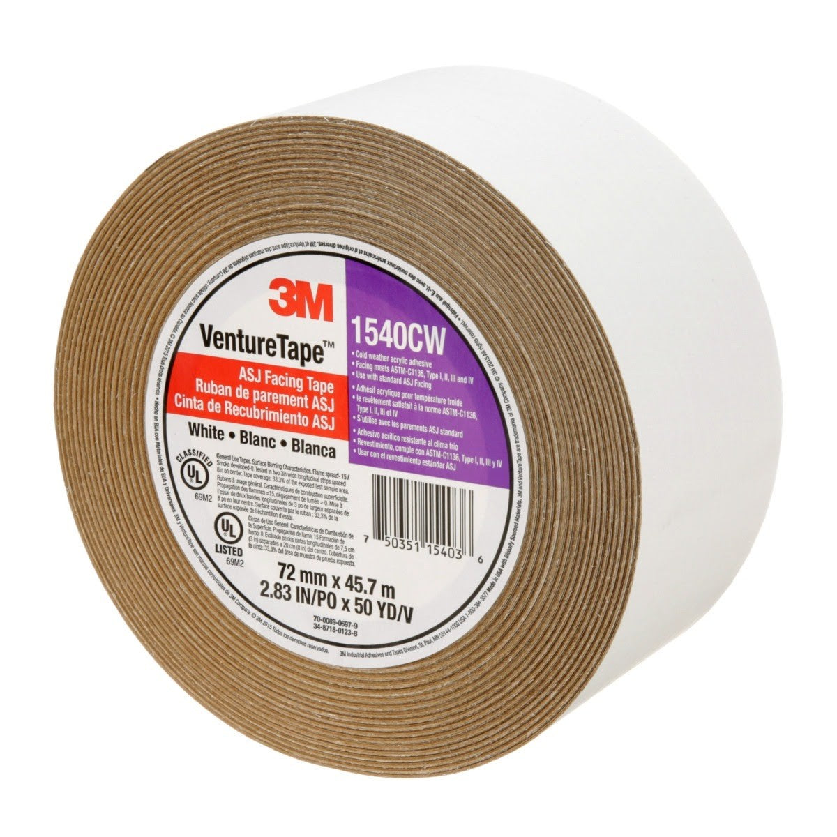 3M 1540CW Venture Tape ASJ Facing Tape, White, 72 mm x 45.7 m (7100043768) (16 Pack) - 2
