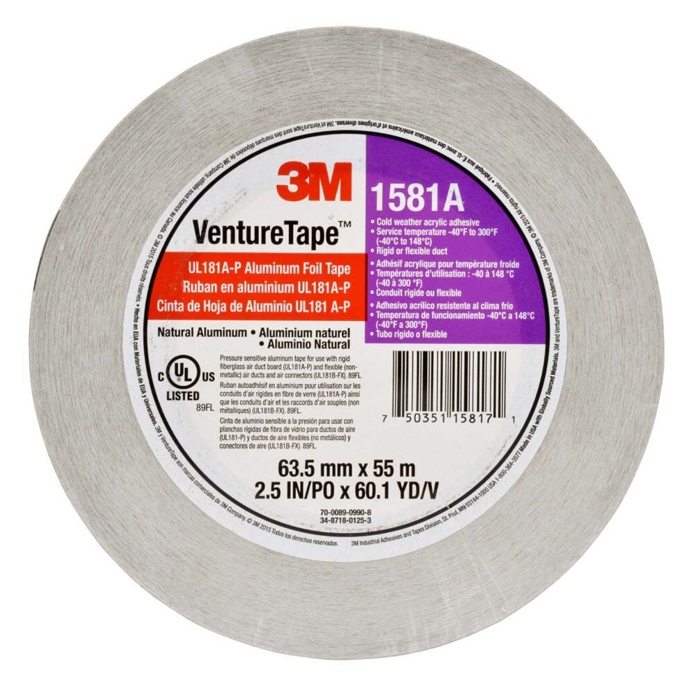 3M 7100043830 Venture Tape UL181A-P Aluminum Foil Tape 1581A Silver 2 1/2 in x 60 yd 2 mil - 2