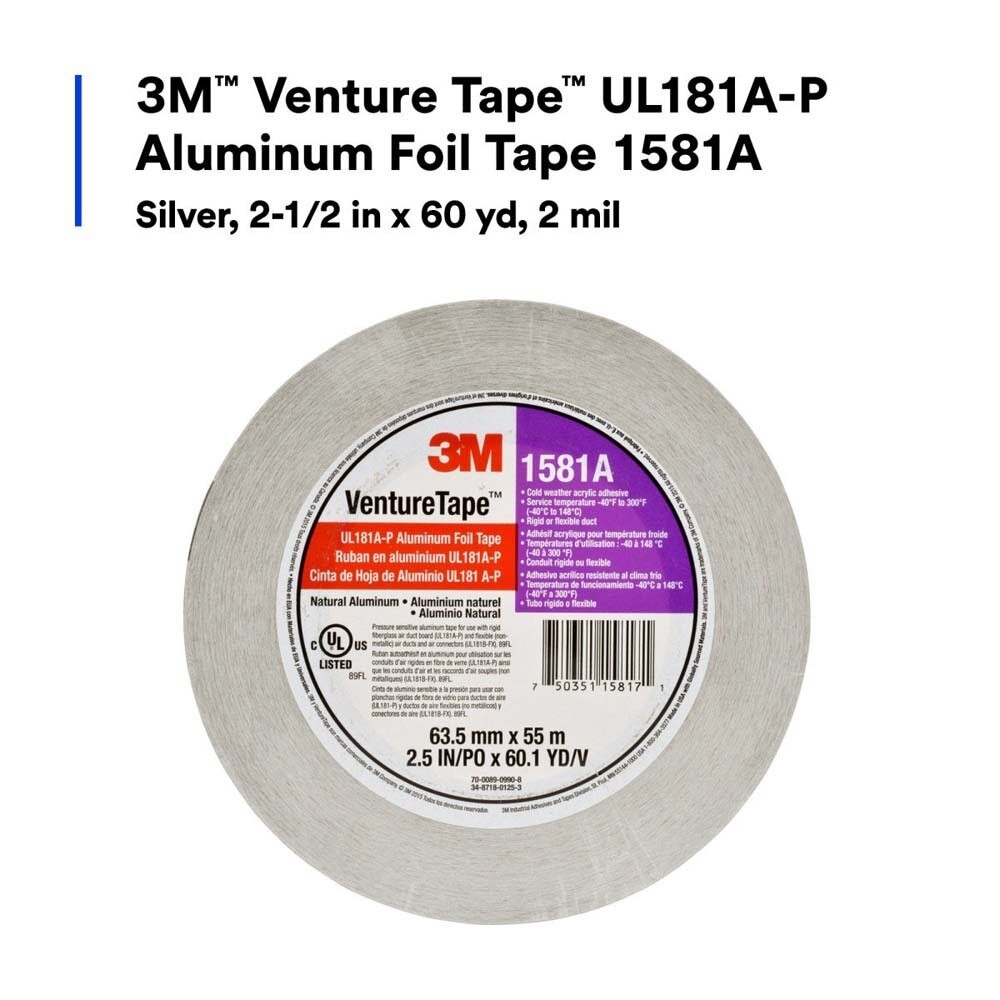 3M 7100043830 Venture Tape UL181A-P Aluminum Foil Tape 1581A Silver 2 1/2 in x 60 yd 2 mil - 3