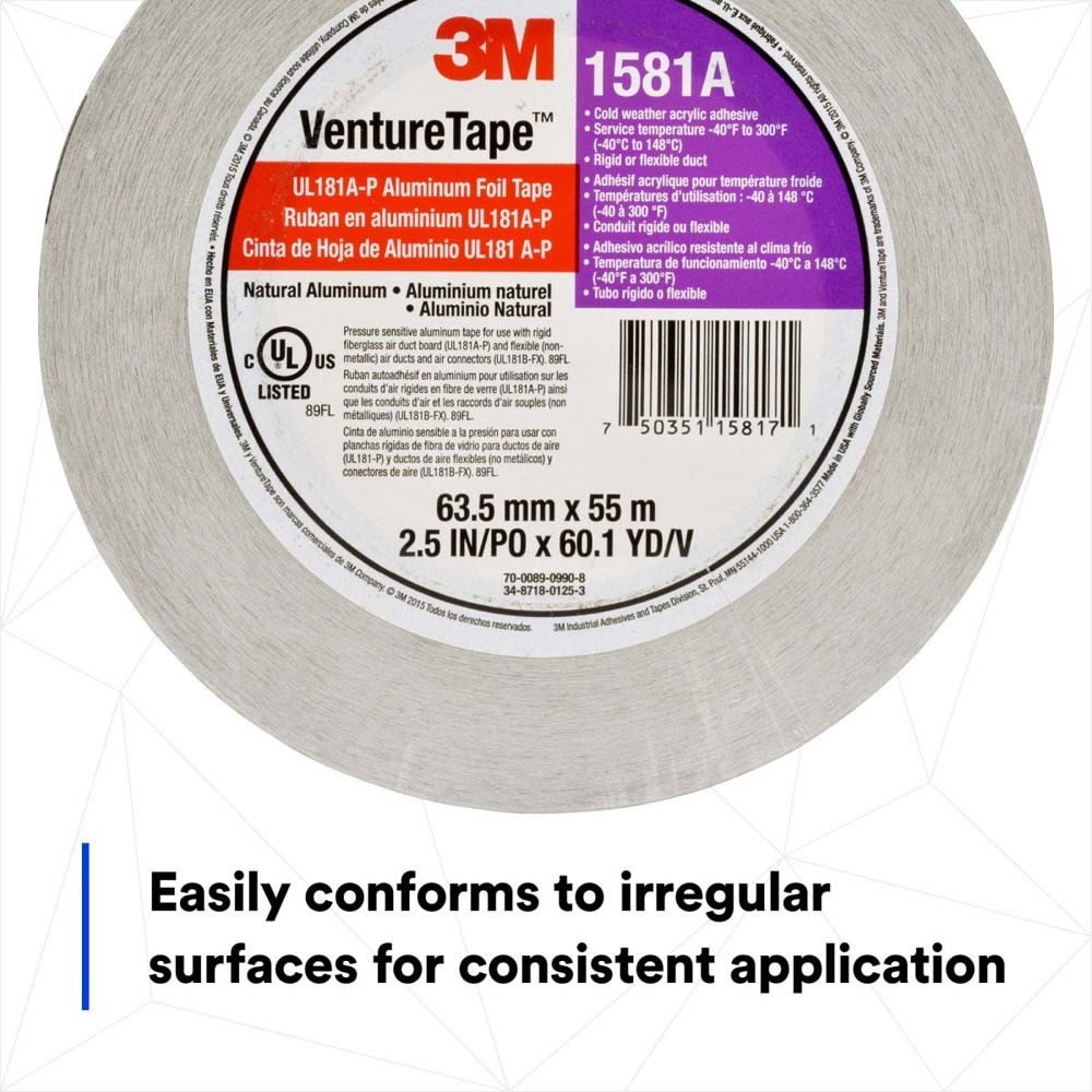 3M 1581A Venture Tape UL181A-P Aluminum Foil Tape Silver 2 1/2 in x 60 yd 2 mil (7100043830) - 4